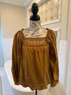 Ulla Johnson Crochet Yoke Peasant Blouse - Mustard Brown